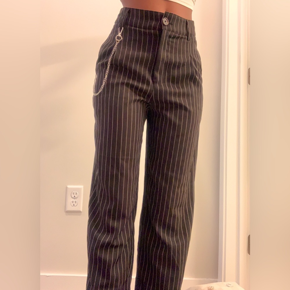 Straight Leg Pin-Striped Pants with Chain